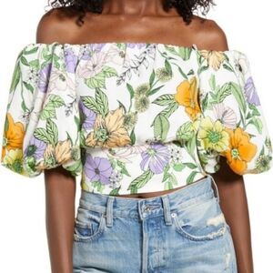 NWT AFRM Size Medium Puff Sleeve White Color Floral Off the Shoulder Cropped Top